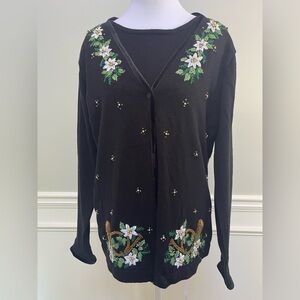 Victoria Jones White Poinsettia Cardigan M